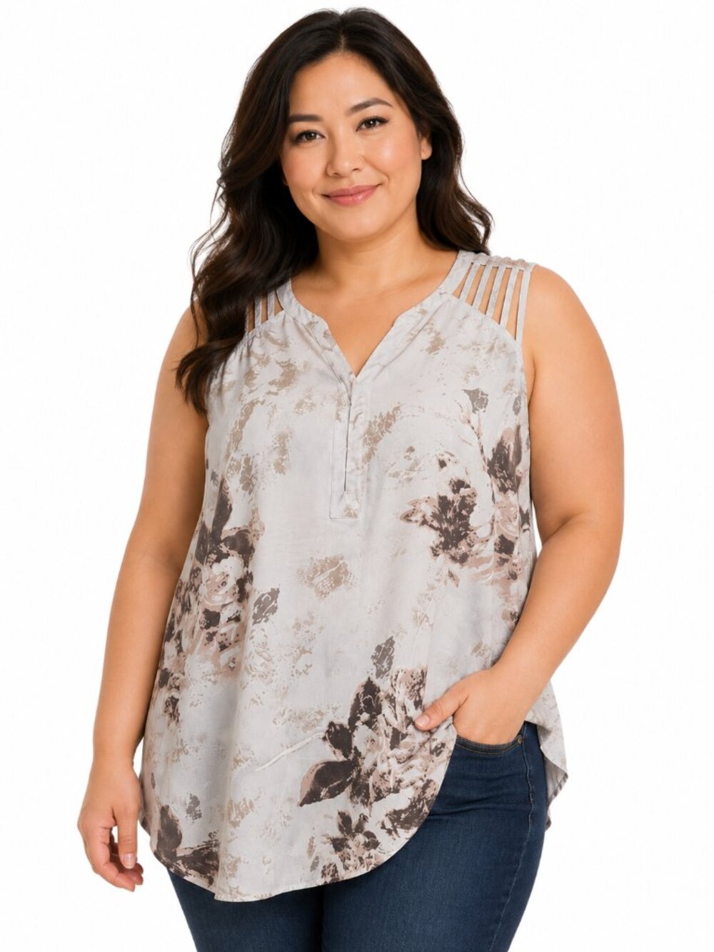 Dex Floral Cold-Shoulder V-Neck sleeveless blouse in Light Gray and Taupe - 2x